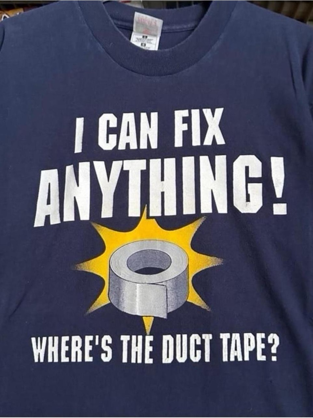 Vintage 1990s Fruit of the Loom Navy 'I Can Fix Anything!' Graphic Tee